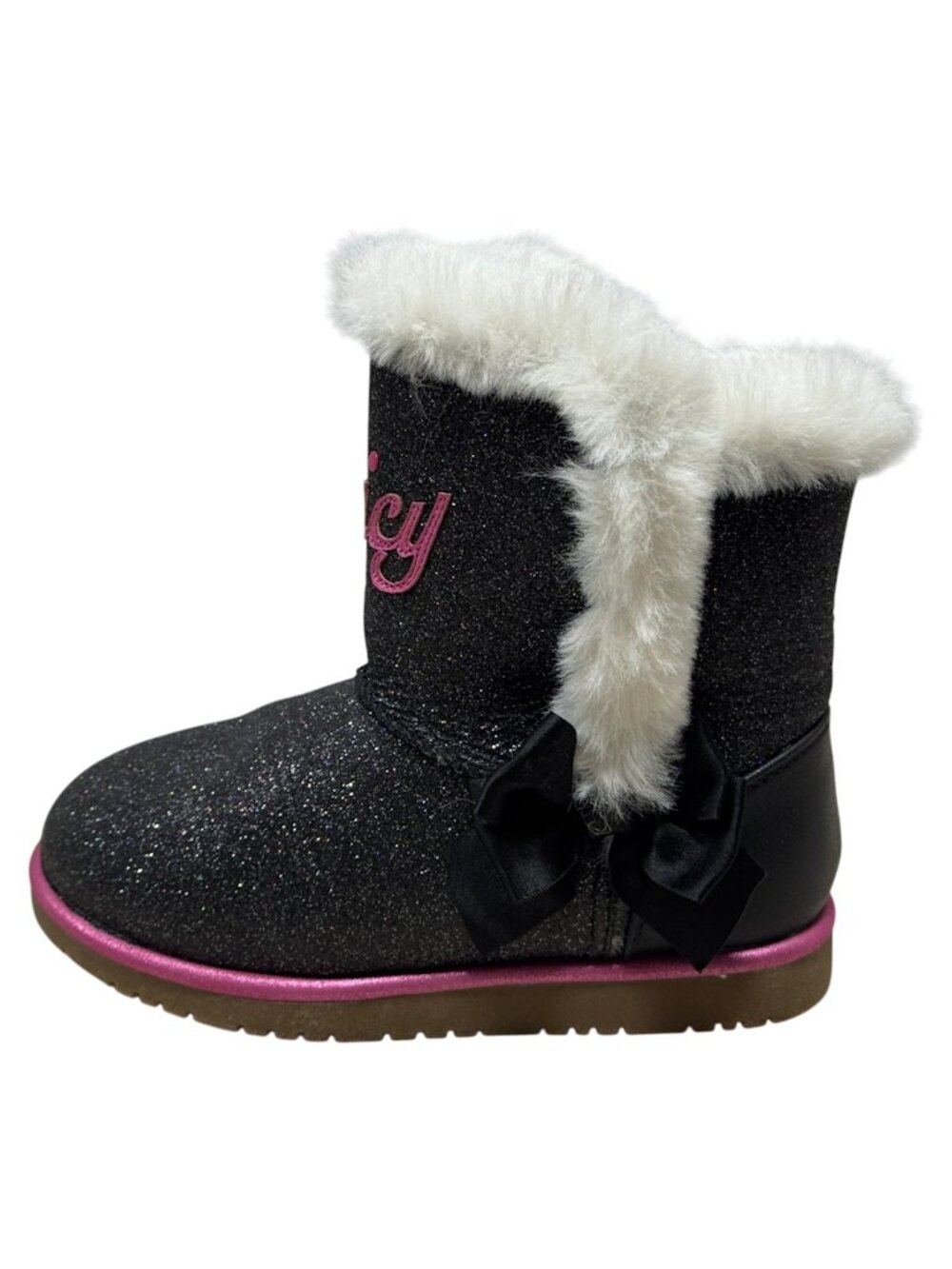 Juicy Couture Cachet PL Girls Glitter Boots Faux Fur Black Pink Bow Size 1